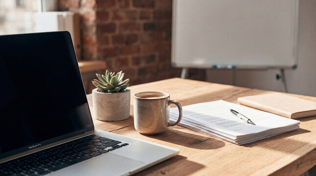 Wooden office desk close-up with laptop, coffee, succulent plant, documents, and whiteboard.