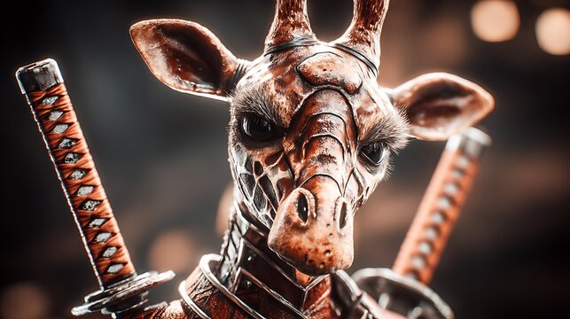 Close up portrait of a giraffe warrior wearing detailed metal armor and carrying katana swords