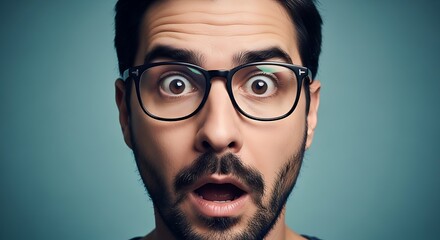 Obraz premium Close-up of a surprised man with glasses, wide eyes and open mouth, on a teal background