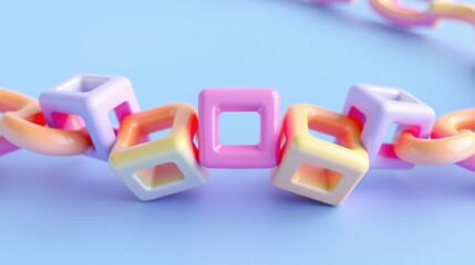 Fototapeta premium Pastel cubes linked forming chain. Soft colors, smooth surfaces, minimalist design. Light reflects, creating gentle shadows.