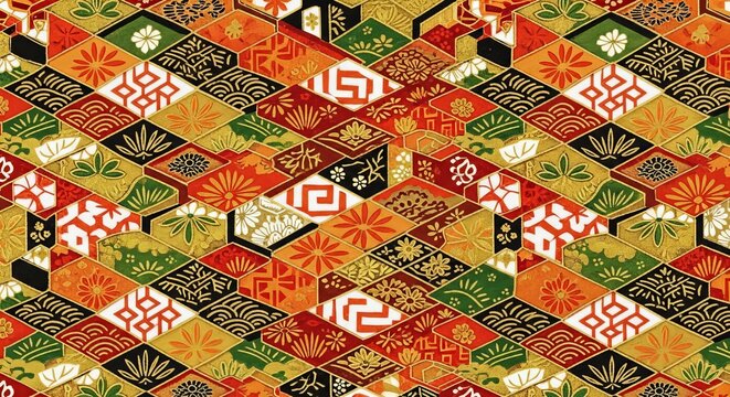 Traditional japanese kimono pattern with geometric shapes and floral motifs in rich hues.
