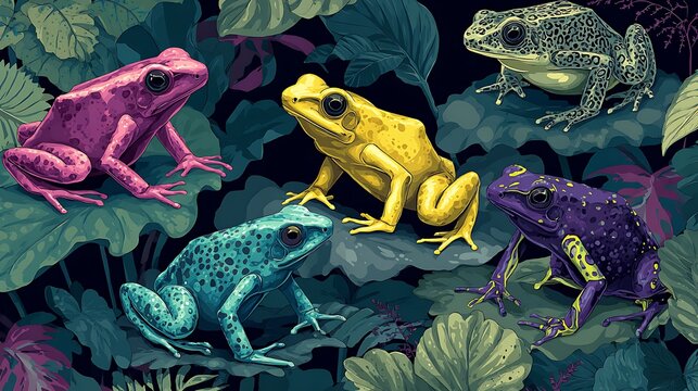 Colorful poison dart frogs resting on large green tropical leaves in a dark lush jungle