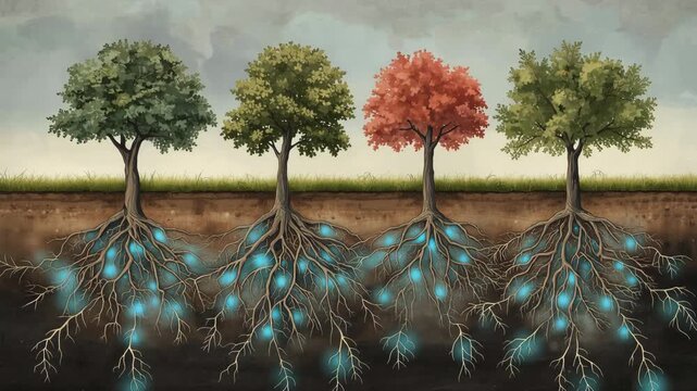 青く淡く光る水脈を重ねて根と土の関係を描く水彩