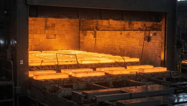 Medium shot of an electric reheating furnace showing billets inside being uniformly heated highlighting energyefficient billet preparation for deformation.