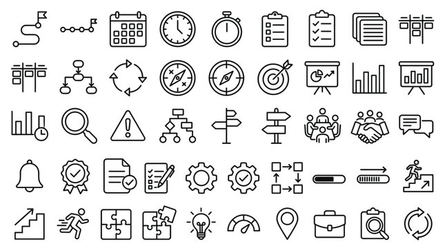 Set of 50 Business Workflow and Strategy Line Icons Vector