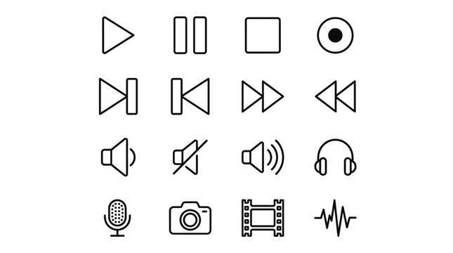 Set of 16 Minimal Black Line Media Player Control Icons Vector
