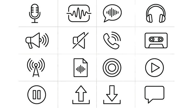 Set of 16 Outline Audio and Communication Vector Icons