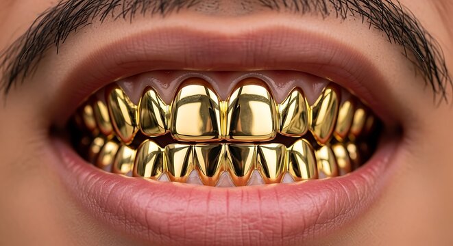 Close-up of open mouth showing gleaming gold teeth. Intense smile in macro