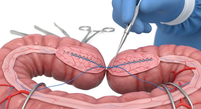 Surgical procedure depicting intestinal anastomosis with sutures being applied