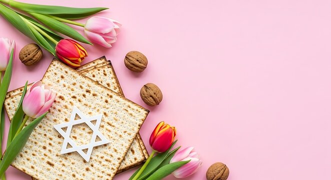 Passover celebration with matzo bread and tulips on pink background