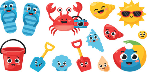 Obraz premium Cute Summer Vacation Elements Set with Toys, Crab, and Beach Accessories