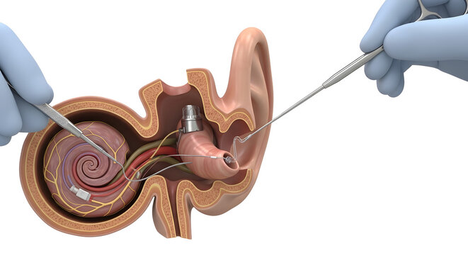 Illustration of a cochlear implant surgical procedure inside the human ear.
