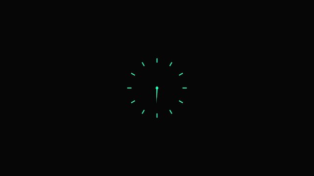 Clock icon flat style black background 24 Hour Day Fast Speed. Twelve hours clock run, moving time arrows. Hours appear on a black background