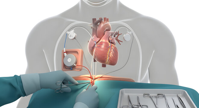Medical illustration of a pacemaker implantation procedure near the human heart