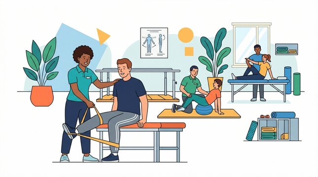 Physical therapy clinic interior with patients and therapists, medical rehabilitation center illustration, physiotherapy exercise and recovery scene
