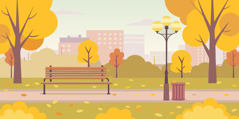 A peaceful autumn park scene with a bench and city buildings © Babita