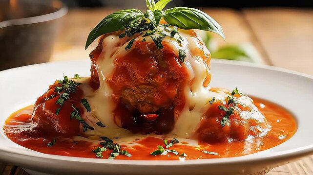 Three succulent meatballs, generously smothered in rich tomato sauce and melted mozzarella cheese, are artfully garnished with fresh basil leaves and parmesan, presented on a pristine white plate.