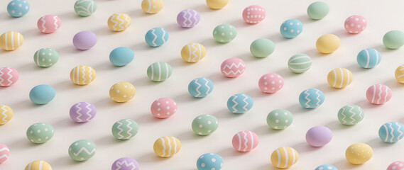 Fototapeta premium Colorful Easter eggs arranged in rows on a light background 