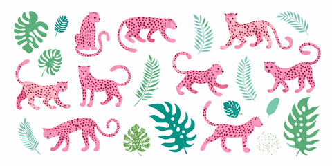 Playful pink leopards and tropical leaves in a whimsical illustration © Babita