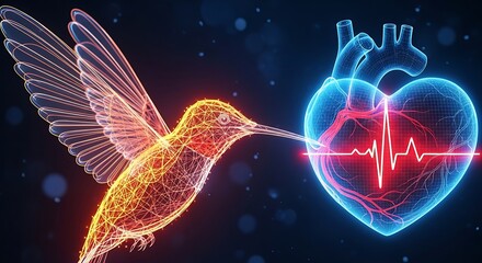 Obraz premium Digital rendering of a hummingbird and human heart connected with an EKG line