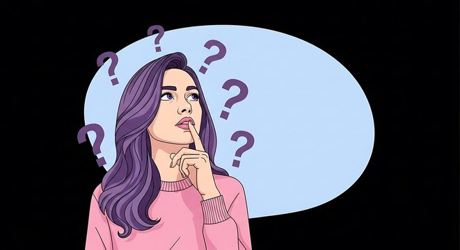 Digitized illustration of a woman pondering, with question marks around her head