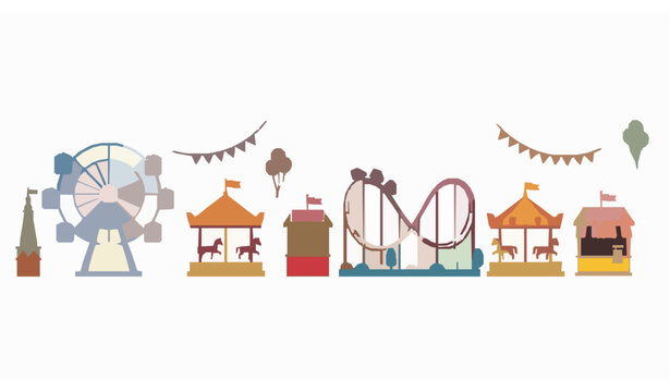 Colorful theme park attractions set with ferris wheel roller coaster and carousel isolated on white background vector