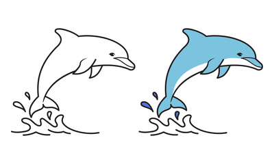 Naklejka premium Dolphin vector illustration with color and line art versions, flat design