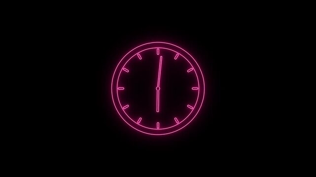 Clock icon animation glowing neon color watch dial circle deadline timer wall clock round retro sign symbol on black background 4k video.