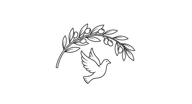 A dove flies under an olive branch
