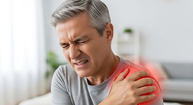 Elderly man holds shoulder in pain, red overlay highlights the ache