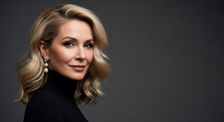 Fototapeta premium Elegant portrait of a woman with blonde wavy hair, wearing a black turtleneck & earrings
