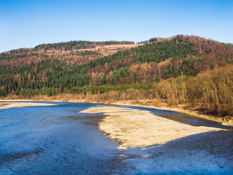 The Poprad River near village Barcice in spring, Poland.
