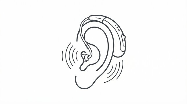 Hearing aid line art illustration, digital ear amplifier device for hearing loss, medical audiology equipment icon on white background