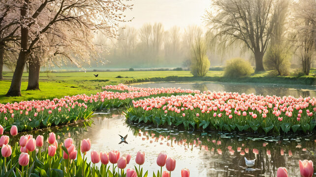 Rosa Tulpen am Ufer eines Sees im Fr&uuml;hlingsmorgen