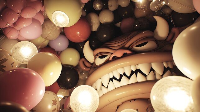 Large scary monster with sharp white teeth surrounded by many colorful balloons in a dark