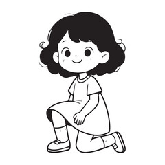 Obraz premium Minimalist black and white vector illustration of curly haired young girl kneeling