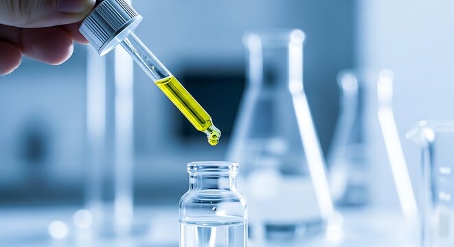 Hand dispensing yellow liquid from a pipette into a vial, lab glassware in soft focus