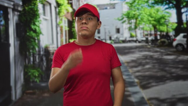 Young man in red delivery uniform touching his ear and squinting on a city street with parked cars and storefronts; frustration.