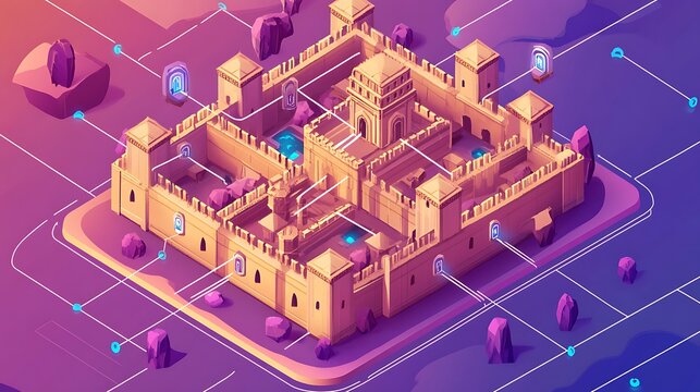 An isometric view of a digital map with gridlines and locked access points 