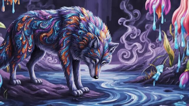 Colorful wolf in a fantasy landscape with vibrant flowers and trees