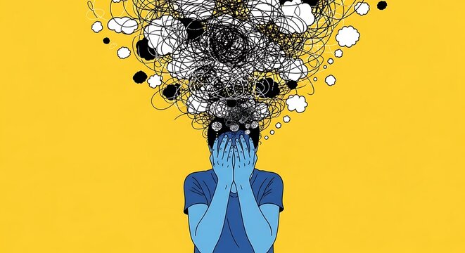 Illustration of a person with their face in their hands, covered by a tangle of dark thought bubbles