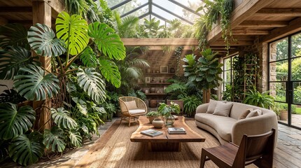 Fototapeta premium Luxurious interior of a sunlit greenhouse living room with lush tropical plants and wooden furniture