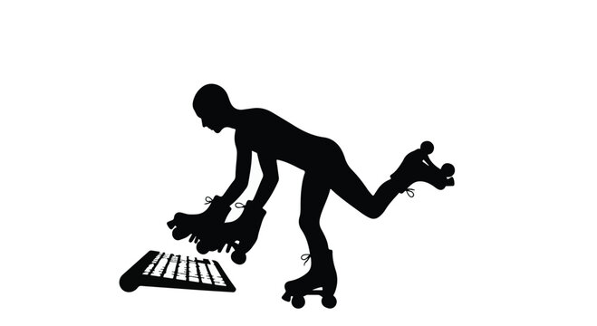 black silhouette of person rollerblading with laptop