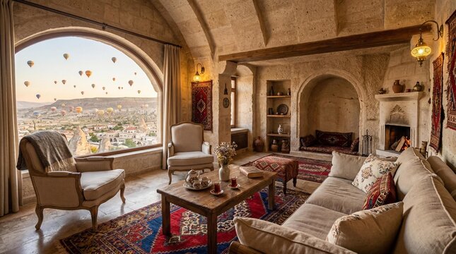 Luxury Cave Hotel Suite Interior in Cappadocia with Hot Air Balloons View at Sunrise