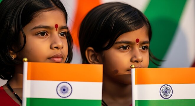 Indian independence day celebration with two girls holding national flags