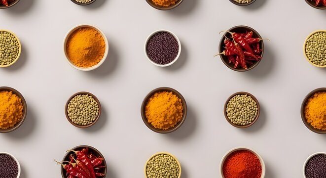 Assortment of vibrant culinary spices and herbs in bowls, creating a decorative, repetitive pattern on a clean background
