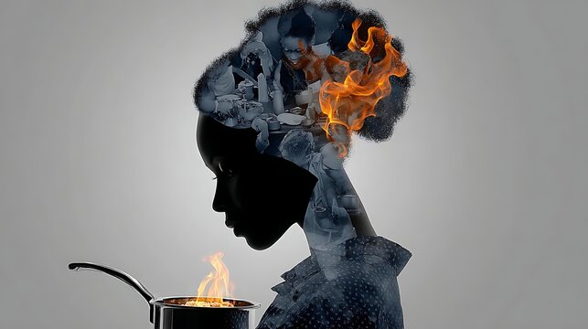 Silhouette of a woman with a flaming pot and a brain filled with kitchen scenes and fire