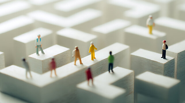 Miniature figures navigate a complex, white maze, symbolizing challenge, problem solve, decision making, obstacles, and the individual journey through life's intricate path