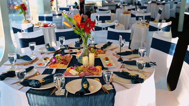 Formal dinner table setting with appetizers and floral arrangement. Gourmet catering and flower bouquet on a cruise ship table in New York City harbor.