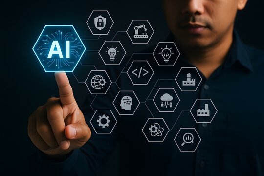 Person's finger points to a glowing hexagonal "hse" icon, surrounded by other relevant safety and health related symbols, representing health, safety, and environment.